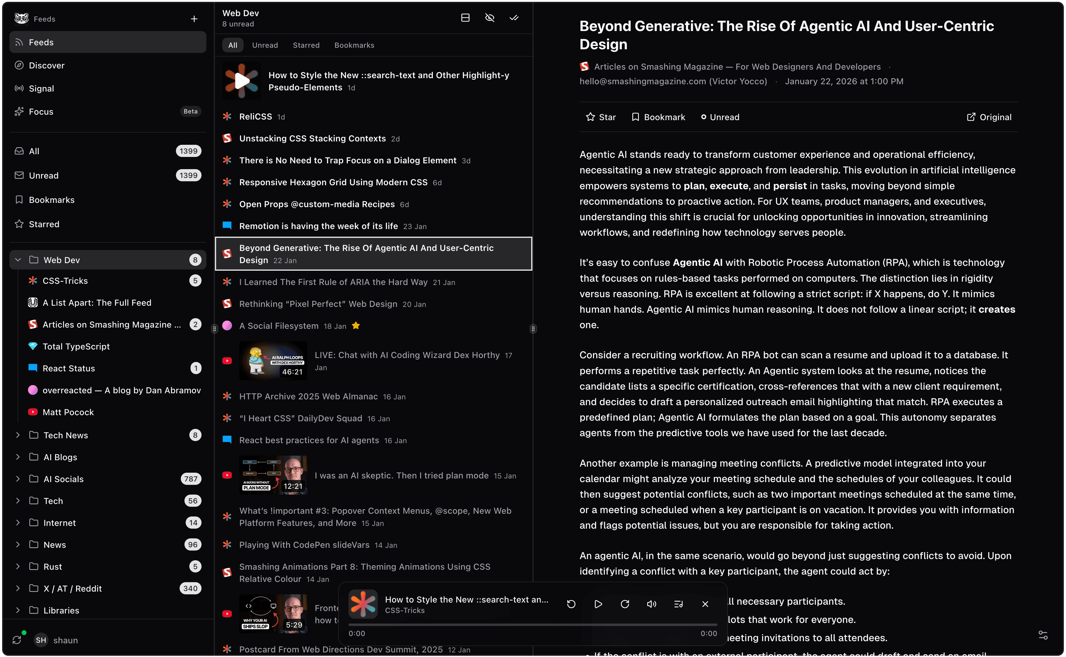 newsagent.fyi app interface showing RSS feeds, articles, and keyboard shortcuts